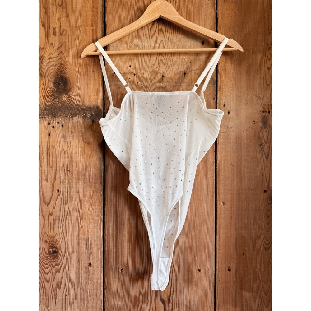 Sz M Forever 21 Sheer White Rhinestone Embellished Intimate Bodysuit NWOT - Picture 2 of 4